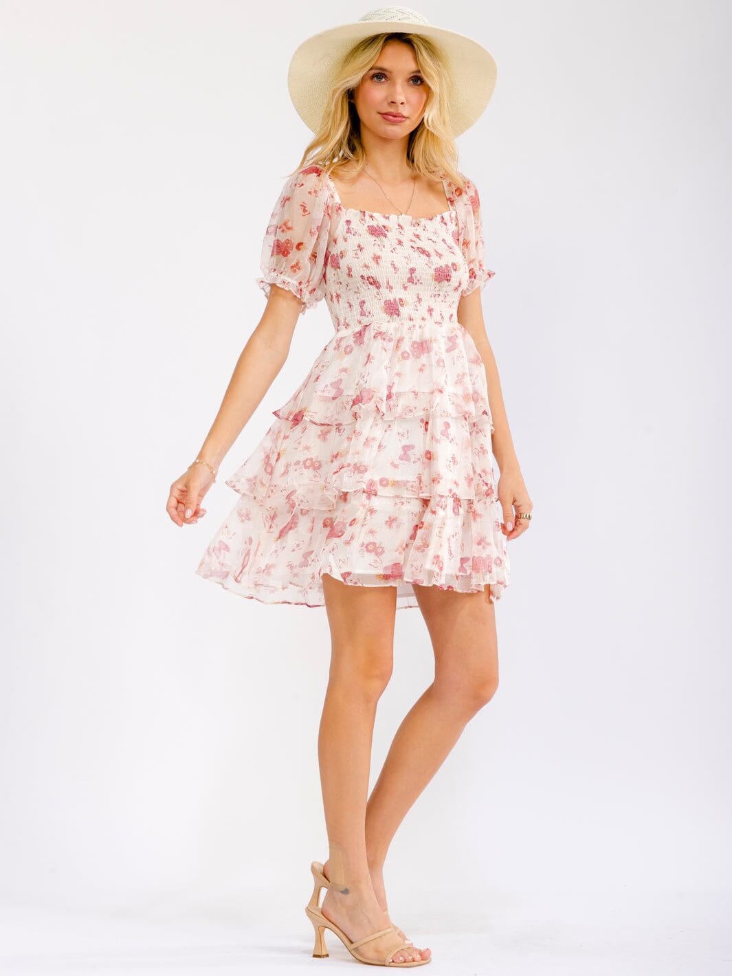 WOMEN'S SHORT SLEEVE SQUARE NECK SMOCK FLORAL MINI DRESS