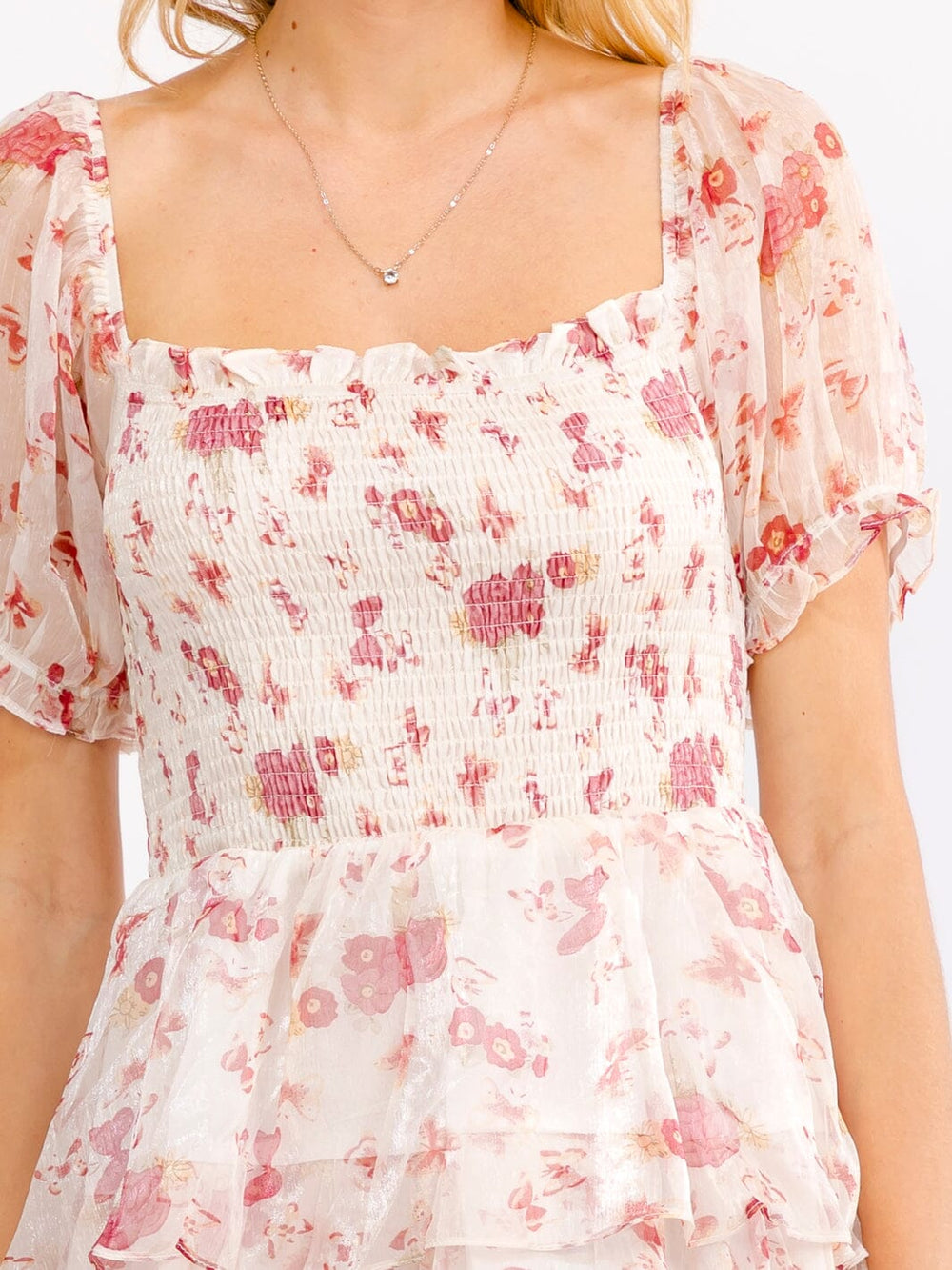 WOMEN'S SHORT SLEEVE SQUARE NECK SMOCK FLORAL MINI DRESS