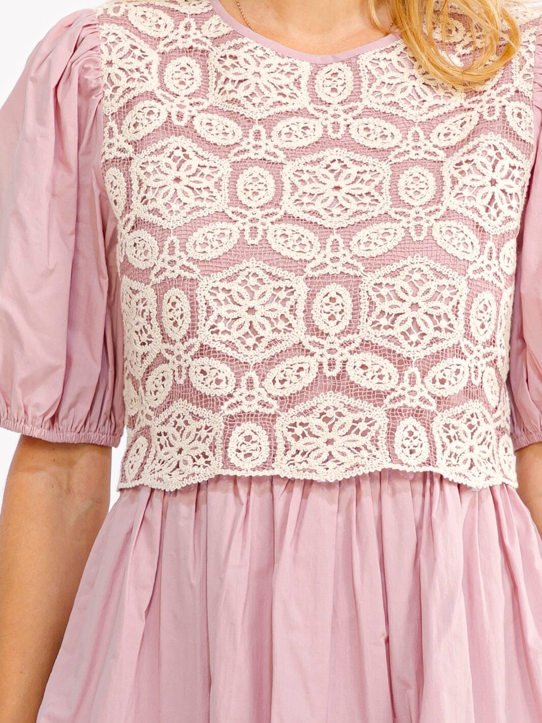 WOMEN'S SHORT PUFF SLEEVE POCKETS CROCHET FIT & FLARE MINI DRESS
