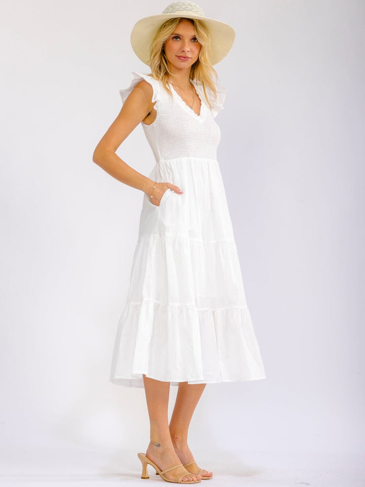 WOMEN'S RUFFLE SLEEVE V-NECK FRONT POCKETS SMOCK TIERED MAXI DRESS