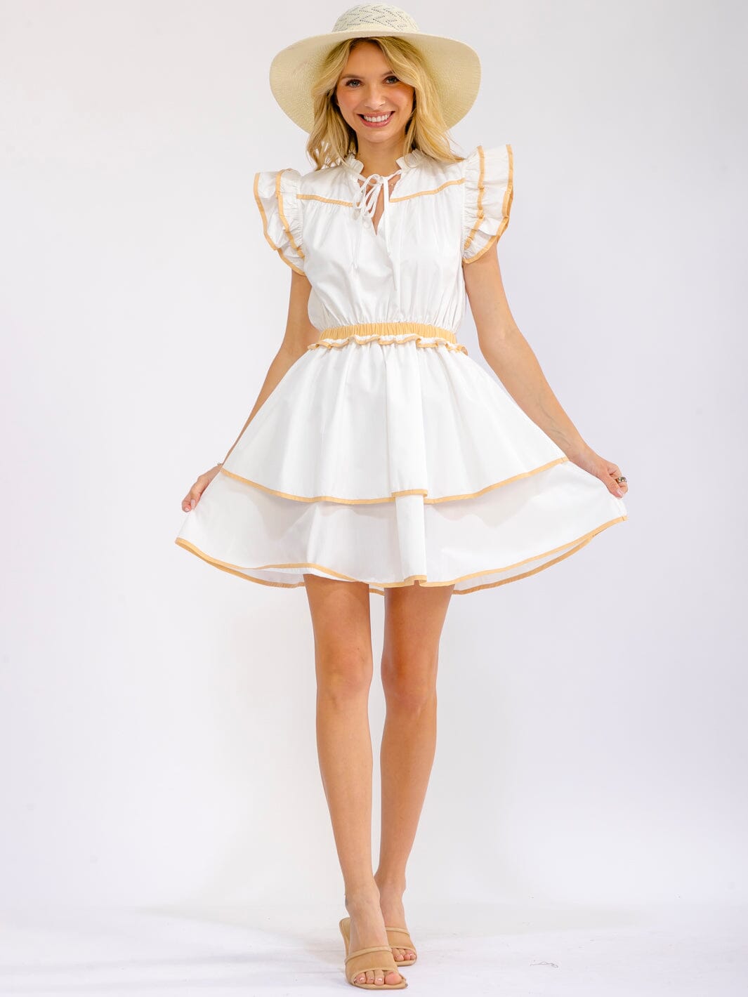 WOMEN'S RUFFLE SLEEVE V-NECK ELASTIC WAIST TIERED MINI DRESS
