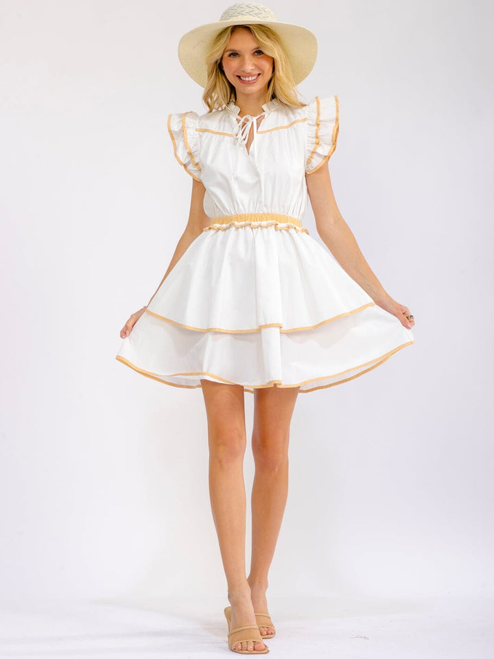 WOMEN'S RUFFLE SLEEVE V-NECK ELASTIC WAIST TIERED MINI DRESS