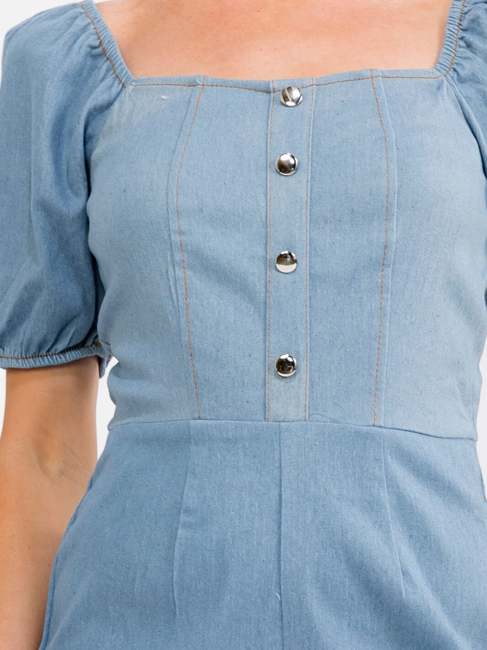 WOMEN'S SHORT PUFF SLEEVE SQUARE NECK DENIM ROMPER