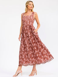 JUST ME WOMEN'S SLEEVELESS SQUARE NECK FRONT POCKETS CROCHET FLORAL MAXI DRESS