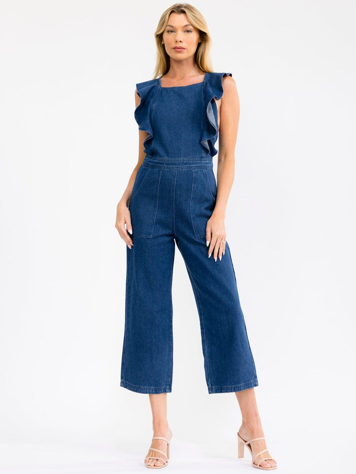WOMEN'S SLEEVELESS SQUARE NECK RUFFLE OPEN BACK WIDE LEG DENIM JUMPSUIT