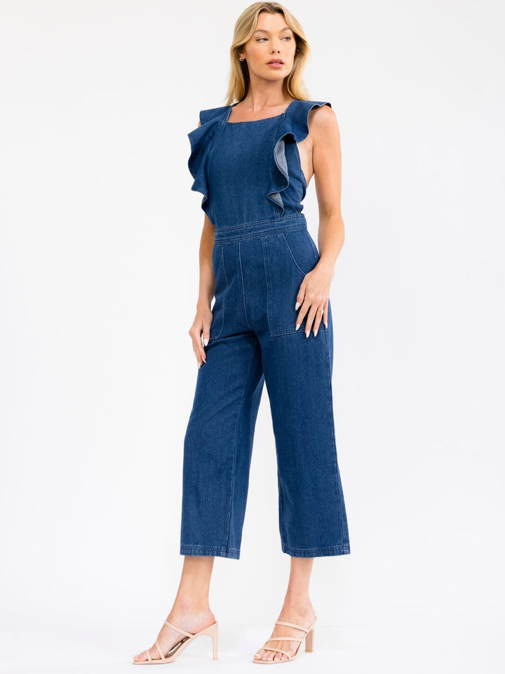 WOMEN'S SLEEVELESS SQUARE NECK RUFFLE OPEN BACK WIDE LEG DENIM JUMPSUIT
