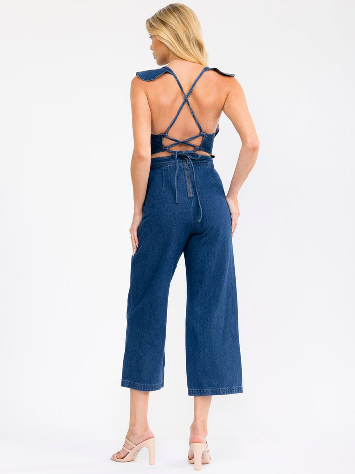 WOMEN'S SLEEVELESS SQUARE NECK RUFFLE OPEN BACK WIDE LEG DENIM JUMPSUIT