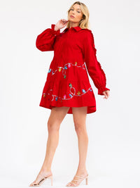WOMEN'S LONG SLEEVE V-NECK BUTTON UP POCKETS SEQUINS MINI DRESS