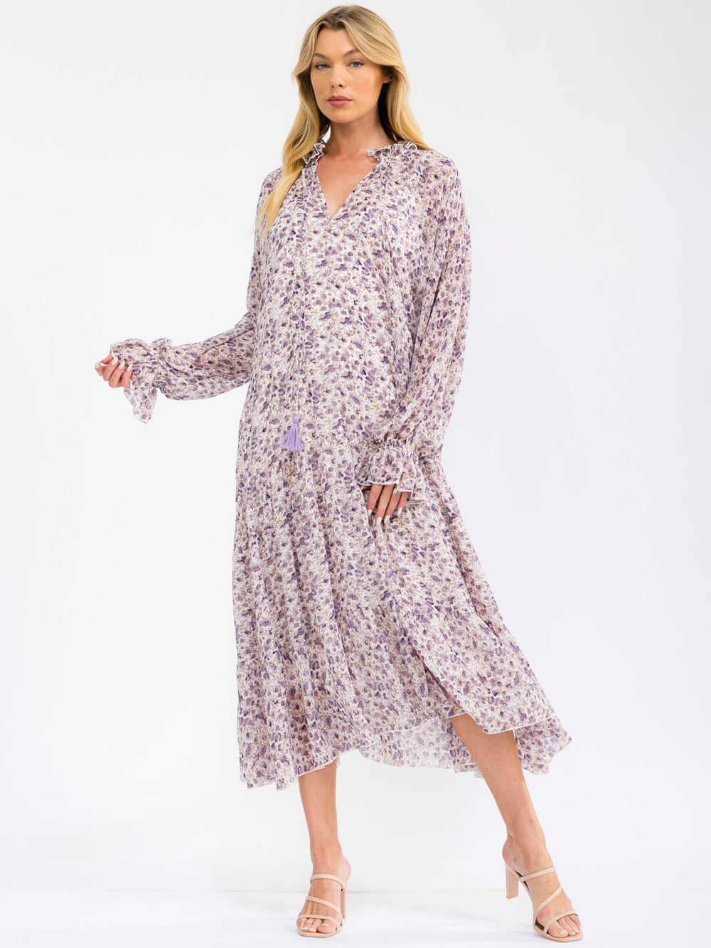 WOMEN'S LONG SLEEVE V-NECK FLORALLOOSE FIT MAXI DRESS