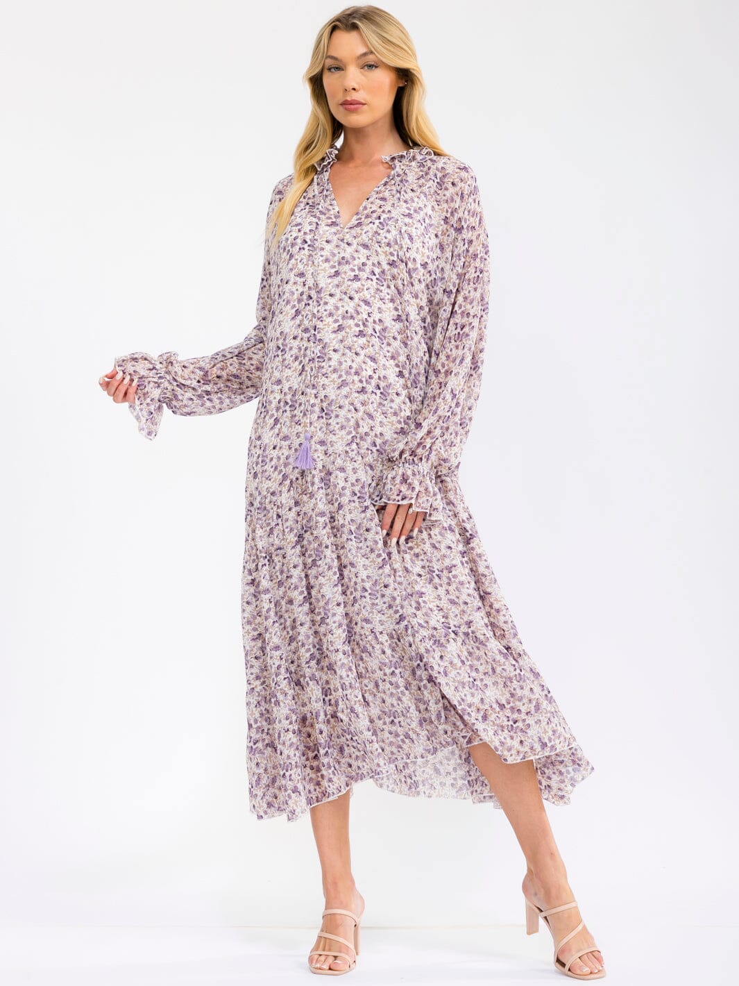WOMEN'S LONG SLEEVE V-NECK FLORALLOOSE FIT MAXI DRESS