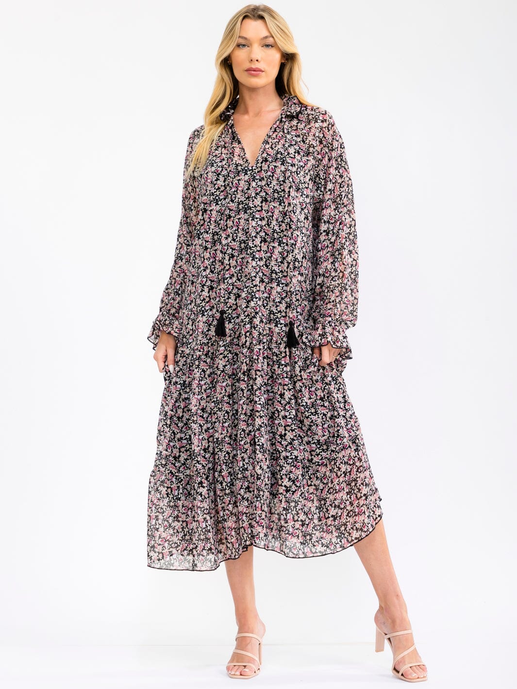 WOMEN'S LONG SLEEVE V-NECK FLORALLOOSE FIT MAXI DRESS