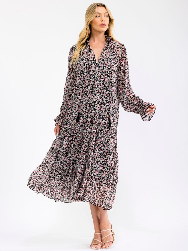 WOMEN'S LONG SLEEVE V-NECK FLORALLOOSE FIT MAXI DRESS