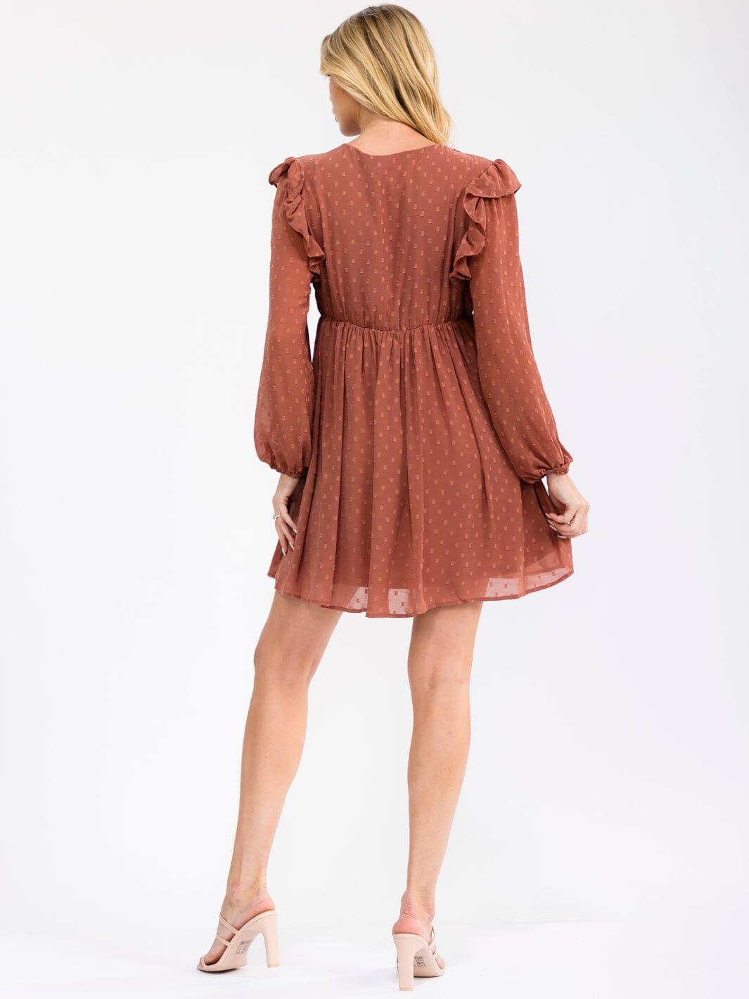 WOMEN'S LONG SLEEVE V-NECK ELASTIC WAIST RUCHED SWISS DOTS MINI DRESS
