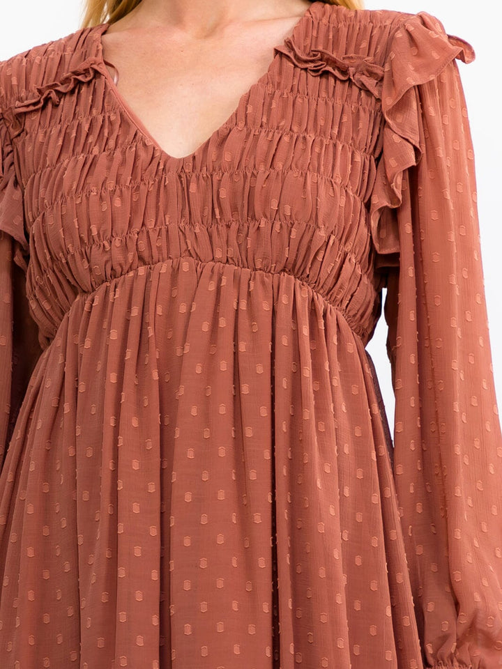 WOMEN'S LONG SLEEVE V-NECK ELASTIC WAIST RUCHED SWISS DOTS MINI DRESS