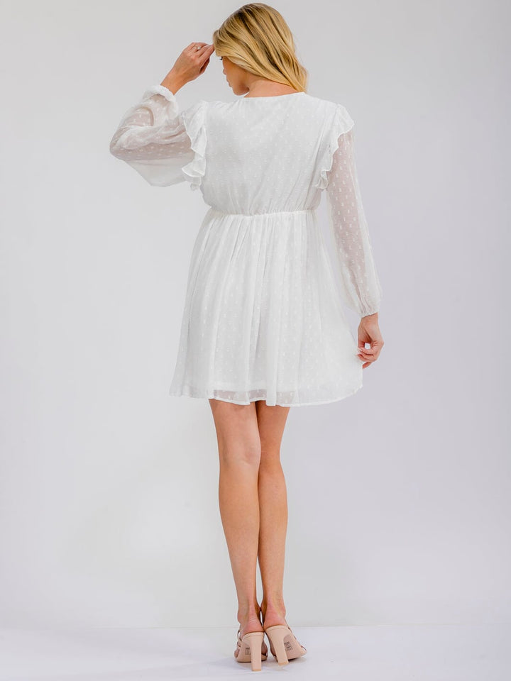 WOMEN'S LONG SLEEVE V-NECK ELASTIC WAIST RUCHED SWISS DOTS MINI DRESS