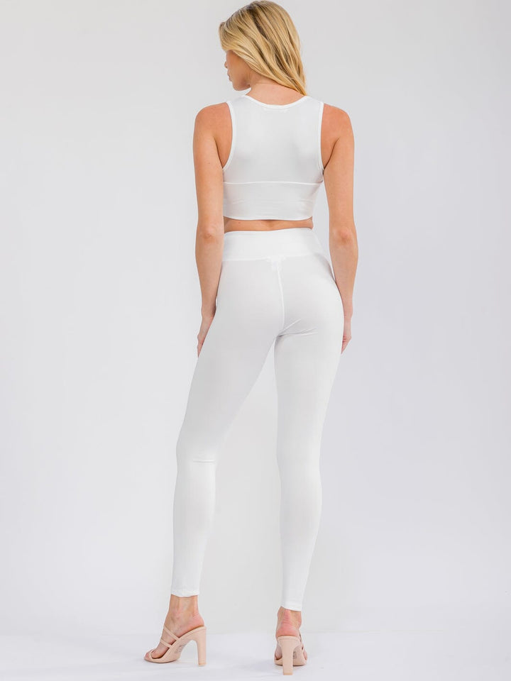WOMEN'S SLEEVELESS CROP TOP & ELASTIC WAIST SKINNY LEG PANTS SOLID 2PC. SET