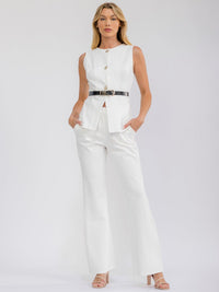 WOMEN'S SLEEVELESS BUTTON UP TOP & BUTTON CLOSURE STRAIGHT LEG PANTS BELTED 2PC. SET