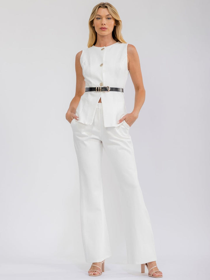 WOMEN'S SLEEVELESS BUTTON UP TOP & BUTTON CLOSURE STRAIGHT LEG PANTS BELTED 2PC. SET