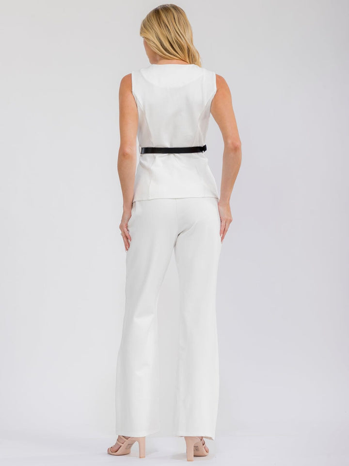WOMEN'S SLEEVELESS BUTTON UP TOP & BUTTON CLOSURE STRAIGHT LEG PANTS BELTED 2PC. SET