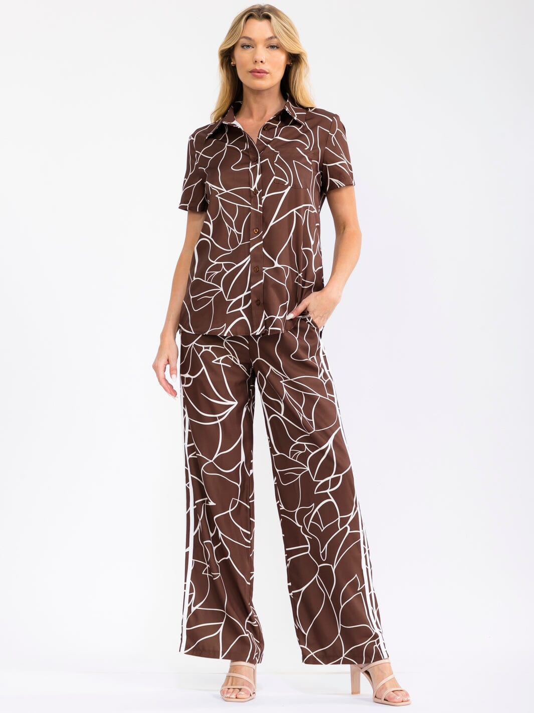 WOMEN'S SHORT SLEEVE BUTTON UP BLOUSE & ELASTIC WAIST WIDE LEG PANTS PRINTED 2PC. SET