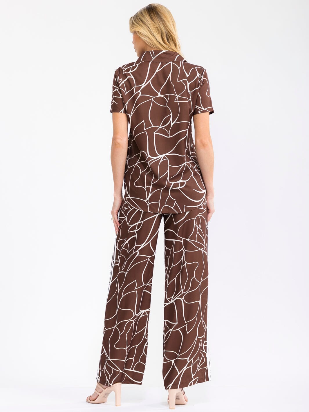 WOMEN'S SHORT SLEEVE BUTTON UP BLOUSE & ELASTIC WAIST WIDE LEG PANTS PRINTED 2PC. SET