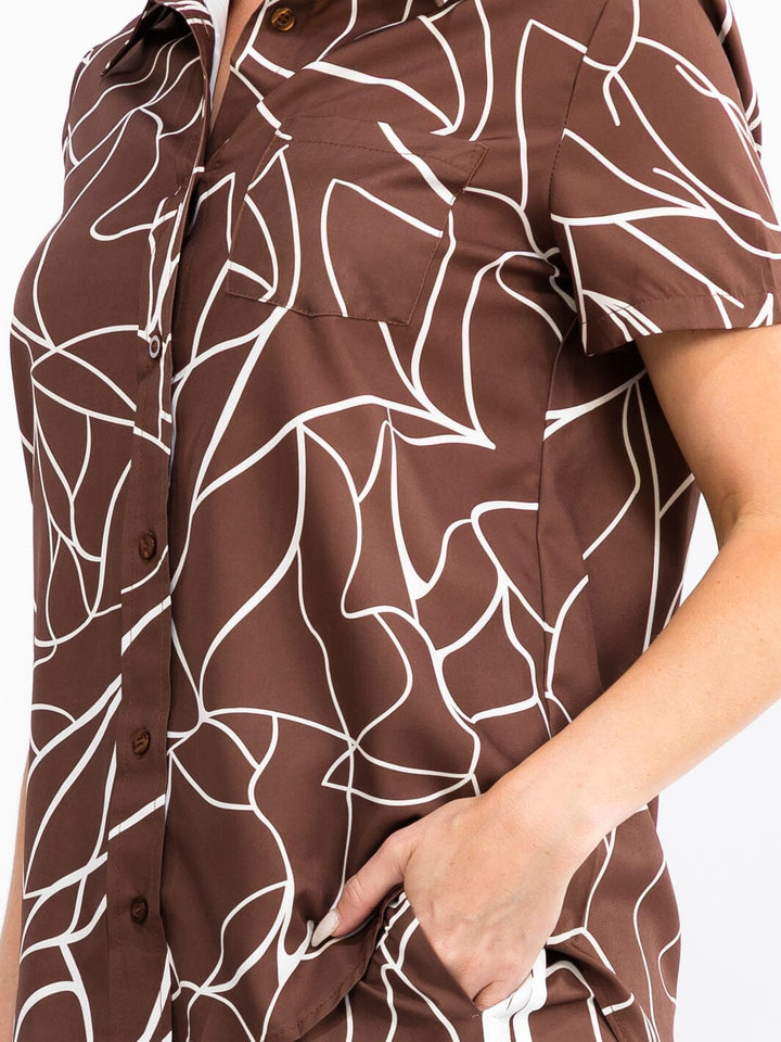 WOMEN'S SHORT SLEEVE BUTTON UP BLOUSE & ELASTIC WAIST WIDE LEG PANTS PRINTED 2PC. SET