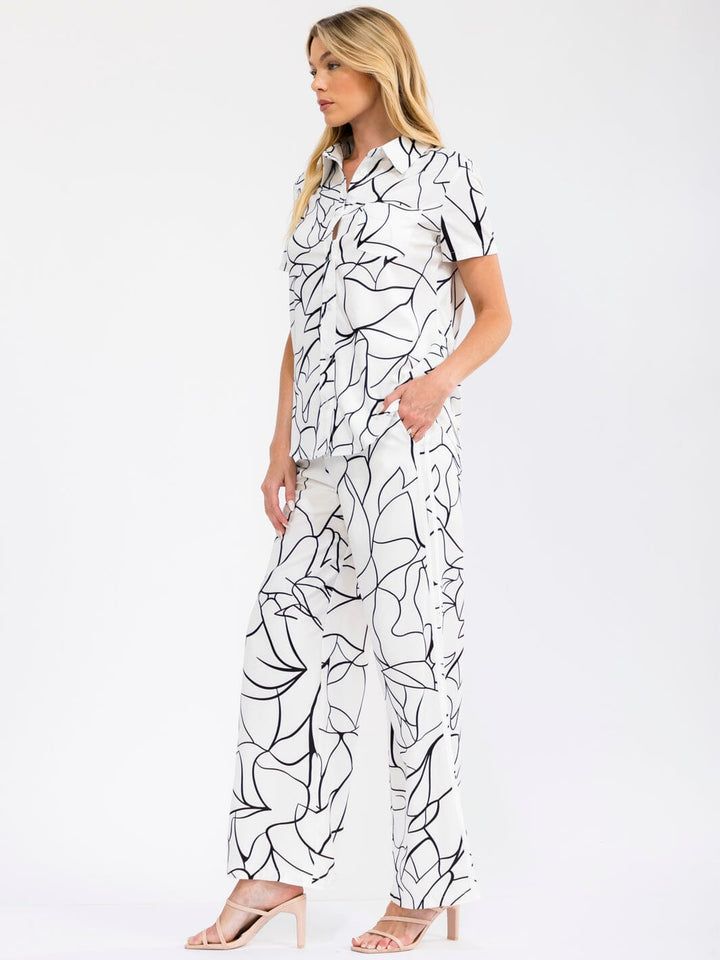 WOMEN'S SHORT SLEEVE BUTTON UP BLOUSE & ELASTIC WAIST WIDE LEG PANTS PRINTED 2PC. SET