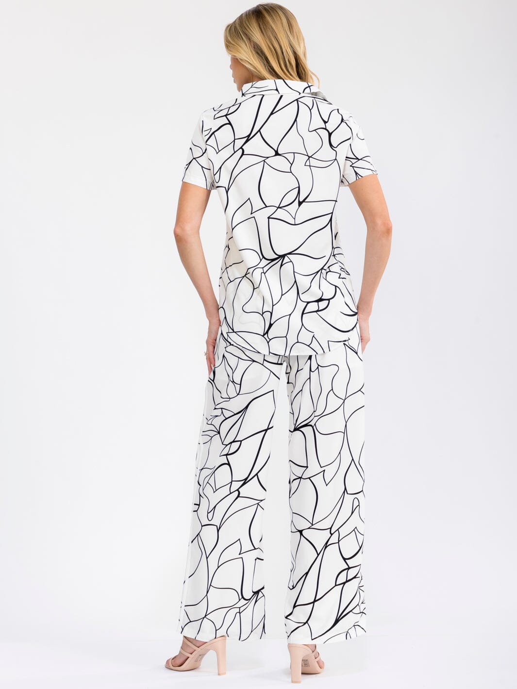 WOMEN'S SHORT SLEEVE BUTTON UP BLOUSE & ELASTIC WAIST WIDE LEG PANTS PRINTED 2PC. SET