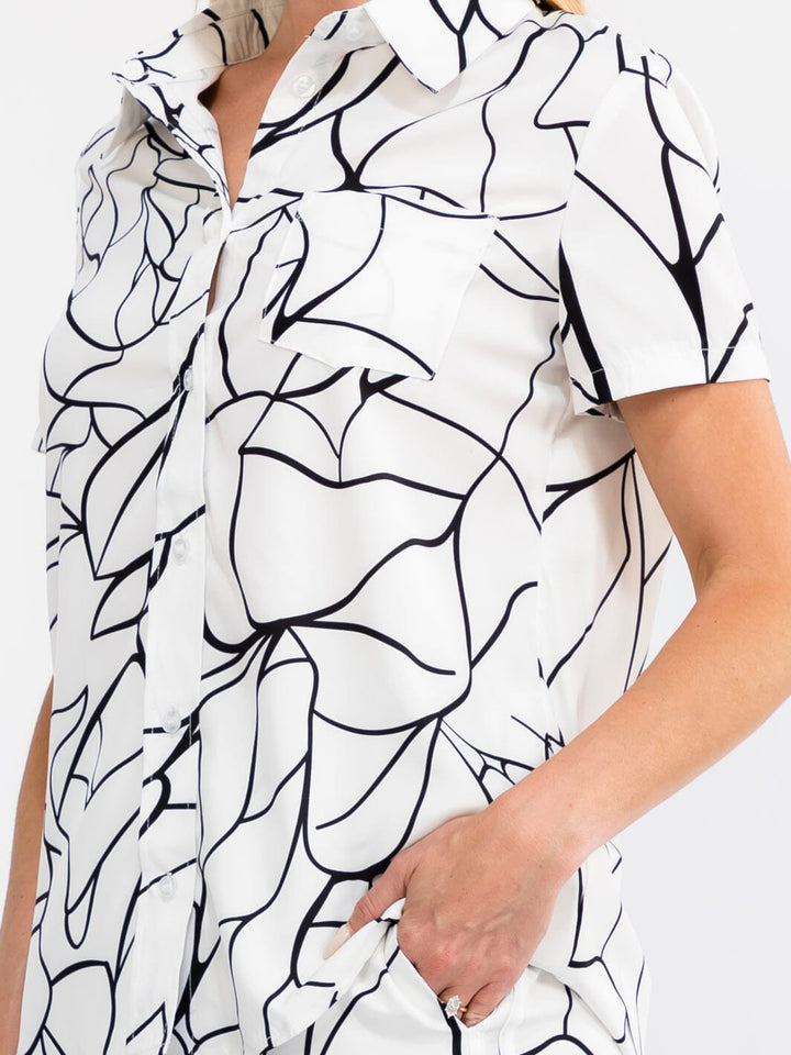 WOMEN'S SHORT SLEEVE BUTTON UP BLOUSE & ELASTIC WAIST WIDE LEG PANTS PRINTED 2PC. SET