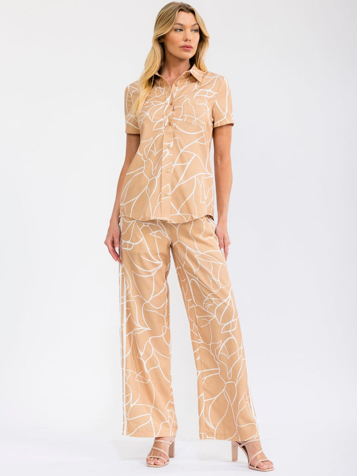 WOMEN'S SHORT SLEEVE BUTTON UP BLOUSE & ELASTIC WAIST WIDE LEG PANTS PRINTED 2PC. SET