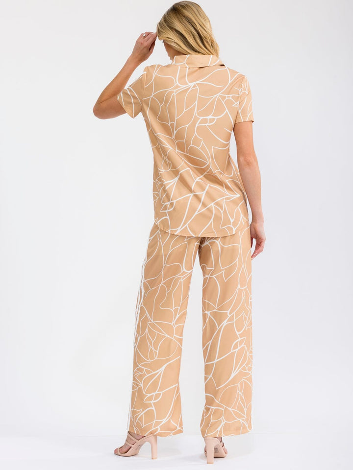 WOMEN'S SHORT SLEEVE BUTTON UP BLOUSE & ELASTIC WAIST WIDE LEG PANTS PRINTED 2PC. SET