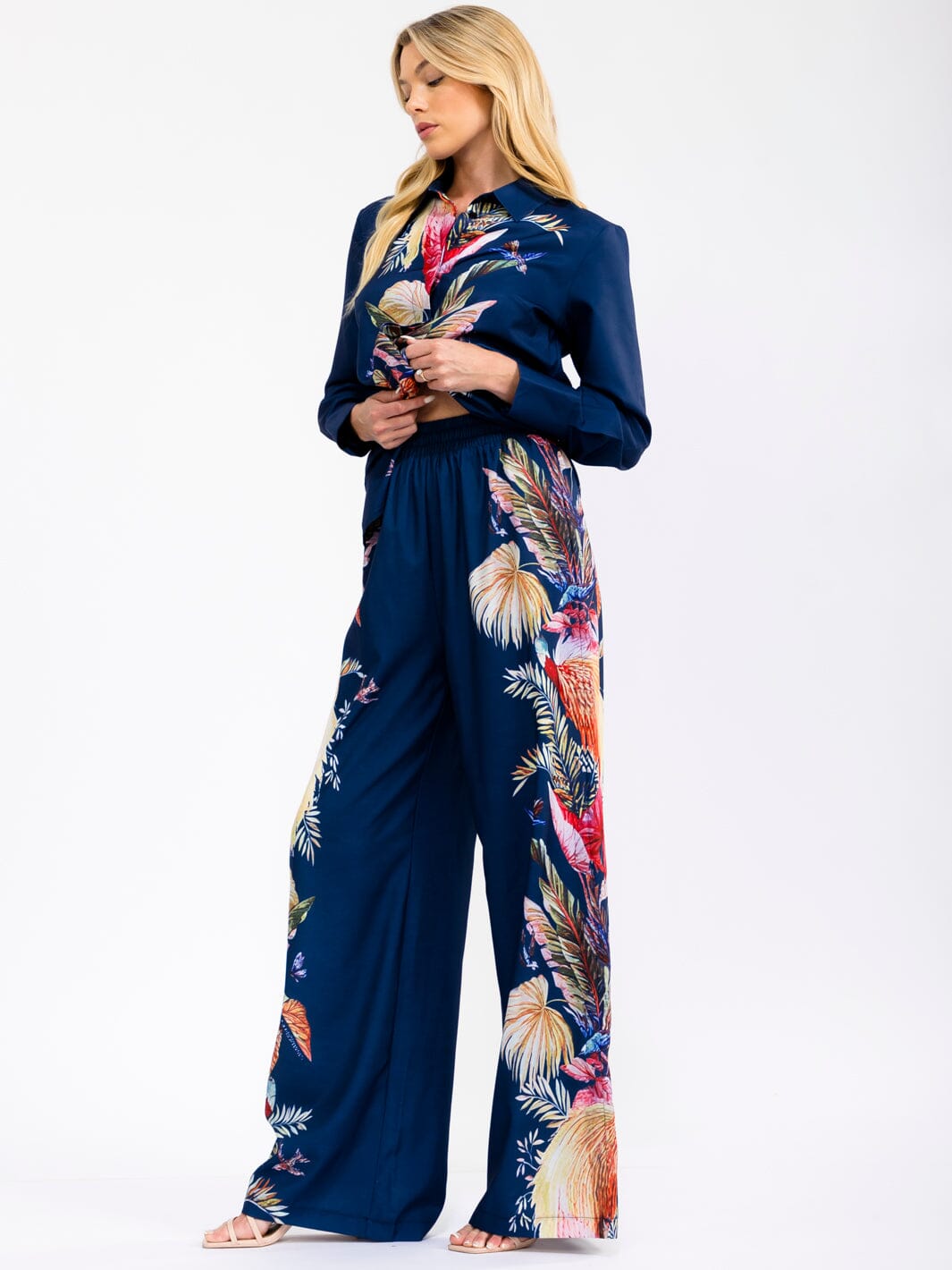 WOMEN'S LONG SLEEVE BLOUSE & ELASTIC WAIST WIDE LEG PANTS LEAF PRINT 2PC. SET