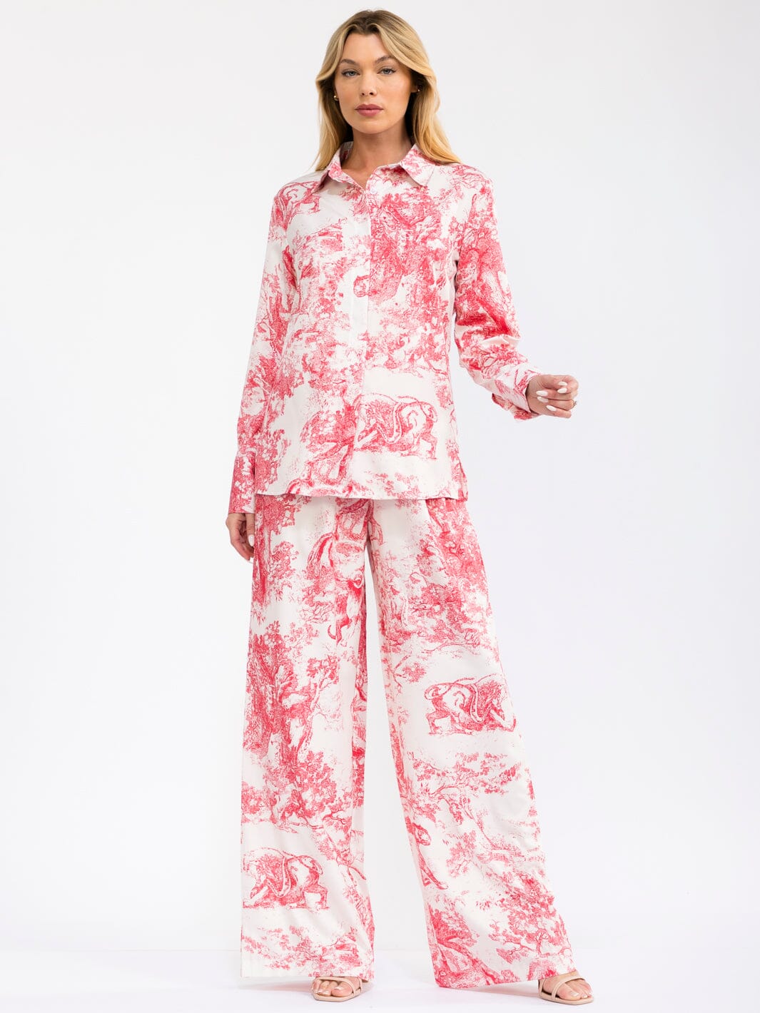 WOMEN'S LONG SLEEVE BUTTON UP TOP & ELASTIC WAIST WIDE LEG PANTS MULTI PRINT 2PC. SET