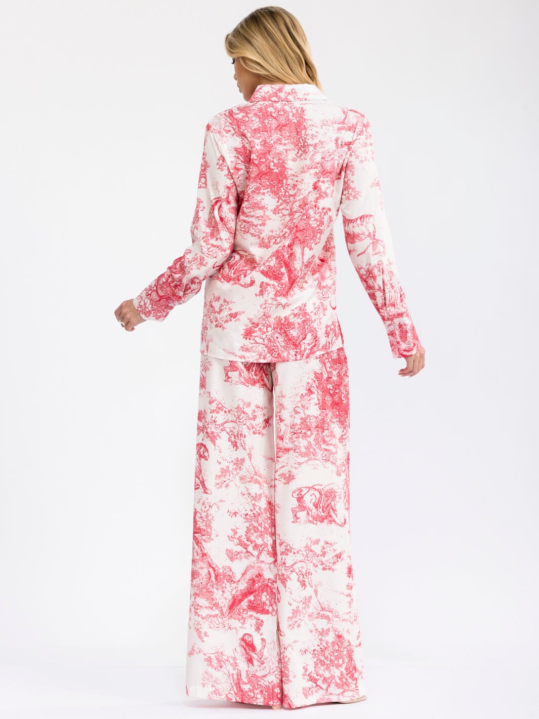 WOMEN'S LONG SLEEVE BUTTON UP TOP & ELASTIC WAIST WIDE LEG PANTS MULTI PRINT 2PC. SET