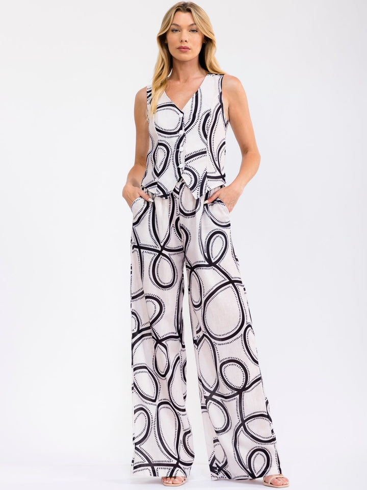 WOMEN'S SLEEVELESS BUTTON UP TOP & ELASTIC WAIST WIDE LEG PANTS MULTI PRINT 2PC. SET