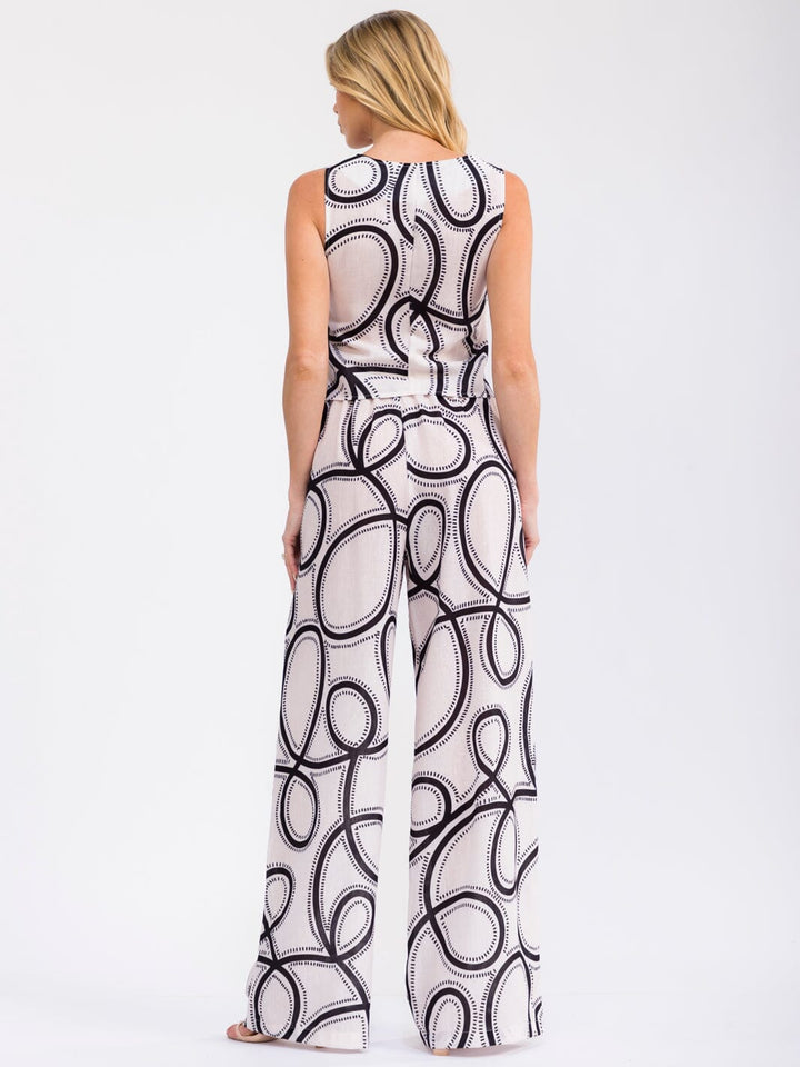 WOMEN'S SLEEVELESS BUTTON UP TOP & ELASTIC WAIST WIDE LEG PANTS MULTI PRINT 2PC. SET