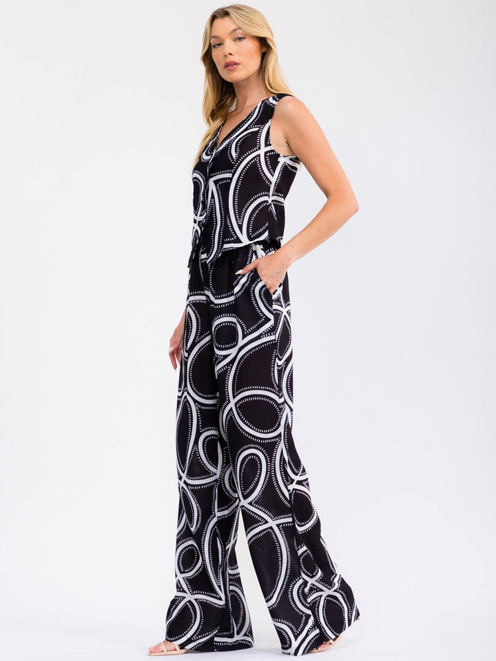 WOMEN'S SLEEVELESS BUTTON UP TOP & ELASTIC WAIST WIDE LEG PANTS MULTI PRINT 2PC. SET