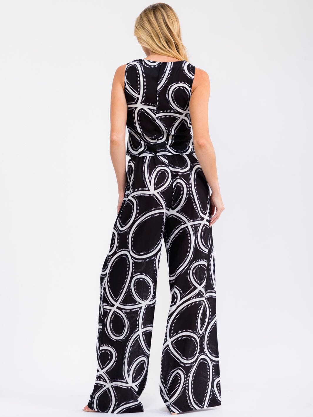 WOMEN'S SLEEVELESS BUTTON UP TOP & ELASTIC WAIST WIDE LEG PANTS MULTI PRINT 2PC. SET