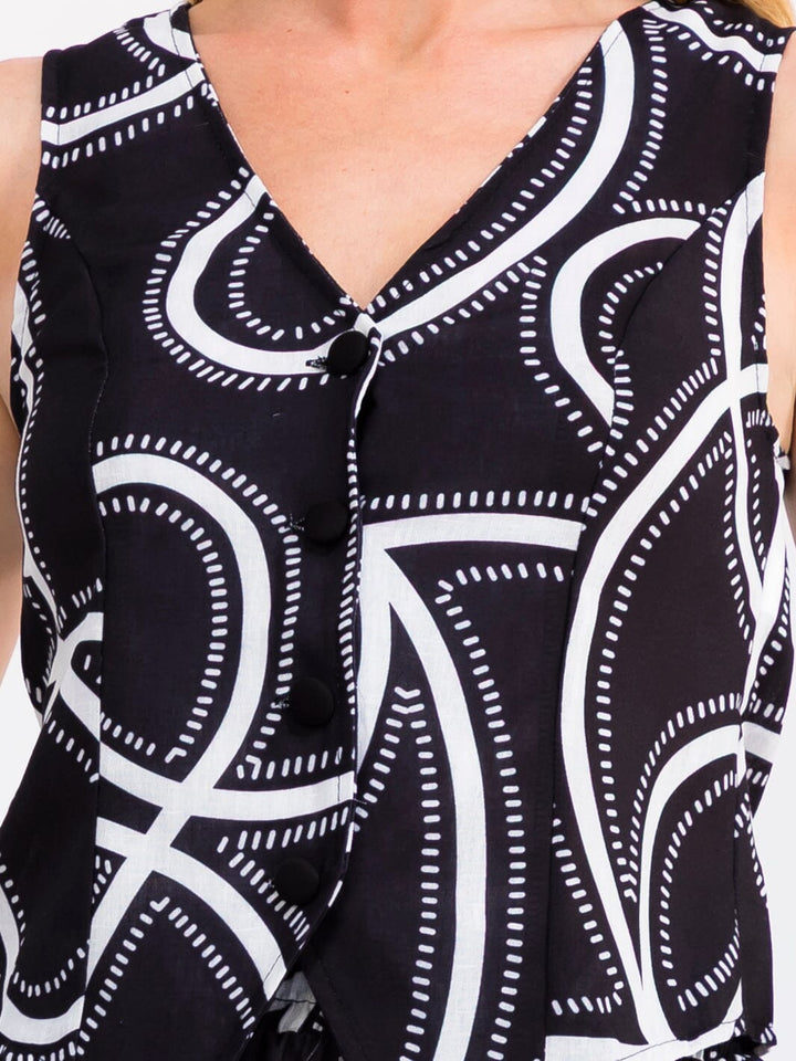 WOMEN'S SLEEVELESS BUTTON UP TOP & ELASTIC WAIST WIDE LEG PANTS MULTI PRINT 2PC. SET