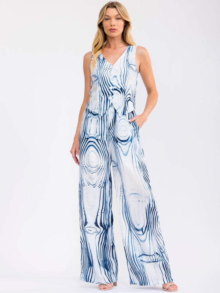 WOMEN'S SLEEVELESS BUTTON UP TOP & ELASTIC WAIST WIDE LEG PANTS MULTI PRINT 2PC. SET