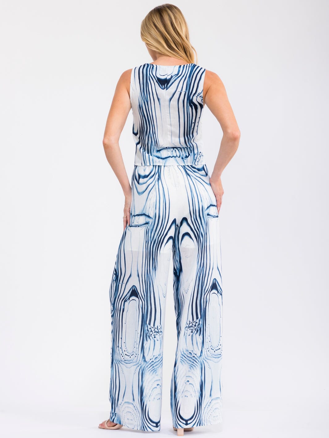 WOMEN'S SLEEVELESS BUTTON UP TOP & ELASTIC WAIST WIDE LEG PANTS MULTI PRINT 2PC. SET