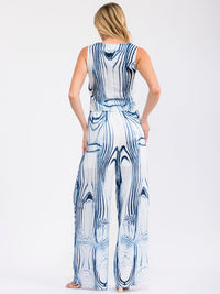 WOMEN'S SLEEVELESS BUTTON UP TOP & ELASTIC WAIST WIDE LEG PANTS MULTI PRINT 2PC. SET