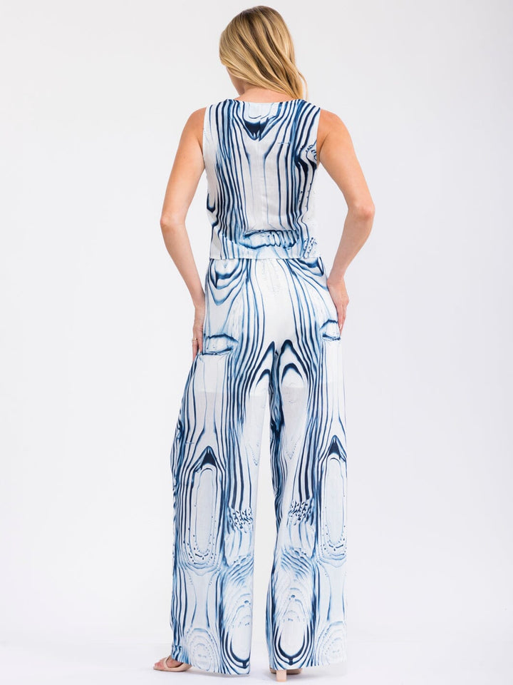WOMEN'S SLEEVELESS BUTTON UP TOP & ELASTIC WAIST WIDE LEG PANTS MULTI PRINT 2PC. SET