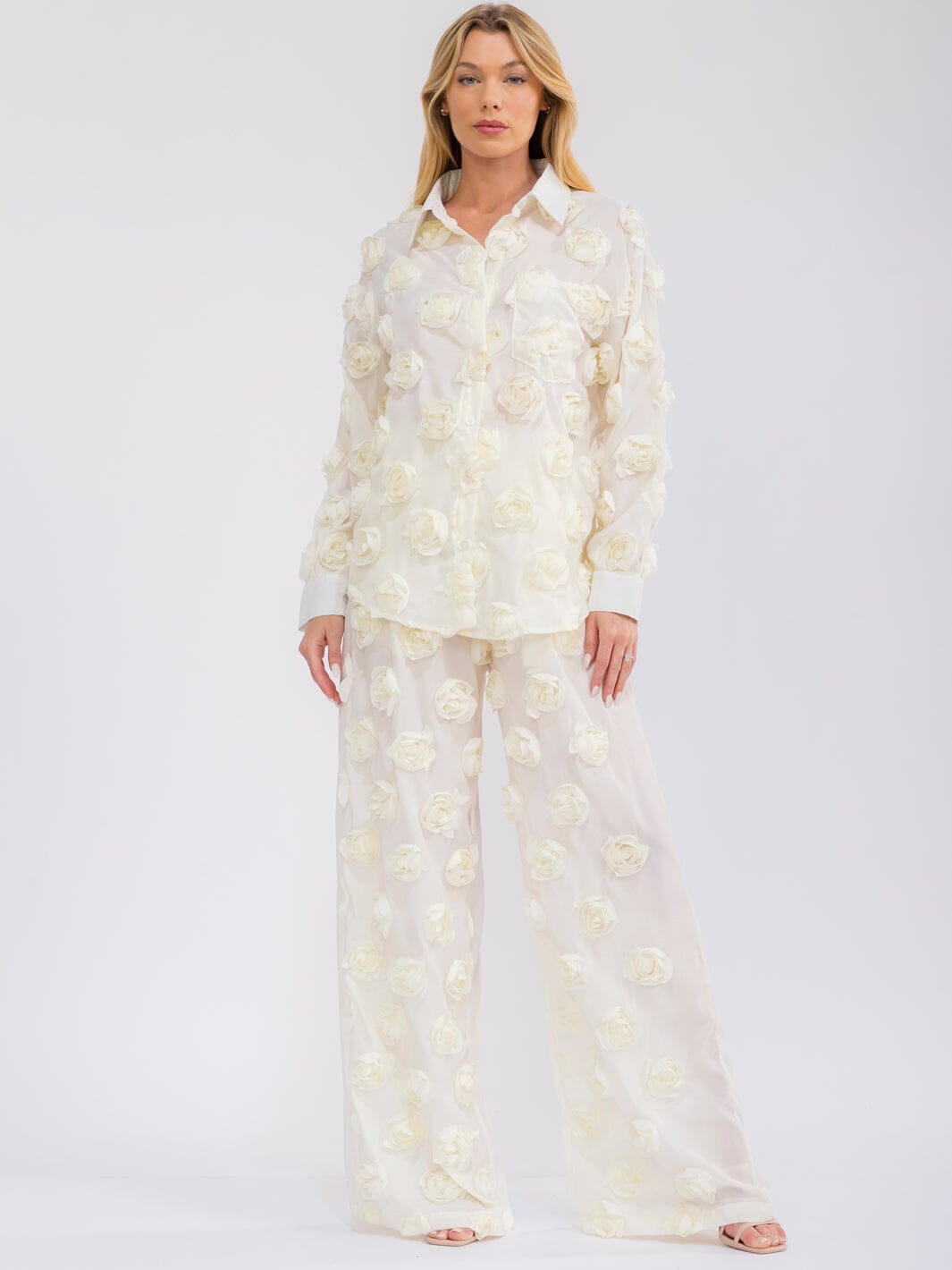 WOMEN'S LONG SLEEVE BUTTON UP TOP & ELASTIC WAIST WIDE LEG PANTS FLOWERS 2PC. SET