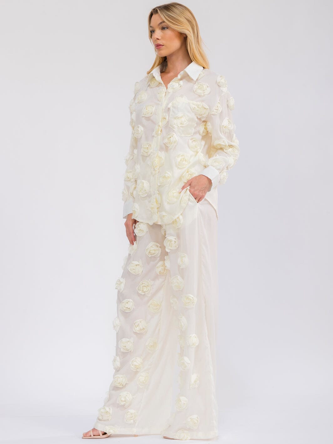 WOMEN'S LONG SLEEVE BUTTON UP TOP & ELASTIC WAIST WIDE LEG PANTS FLOWERS 2PC. SET