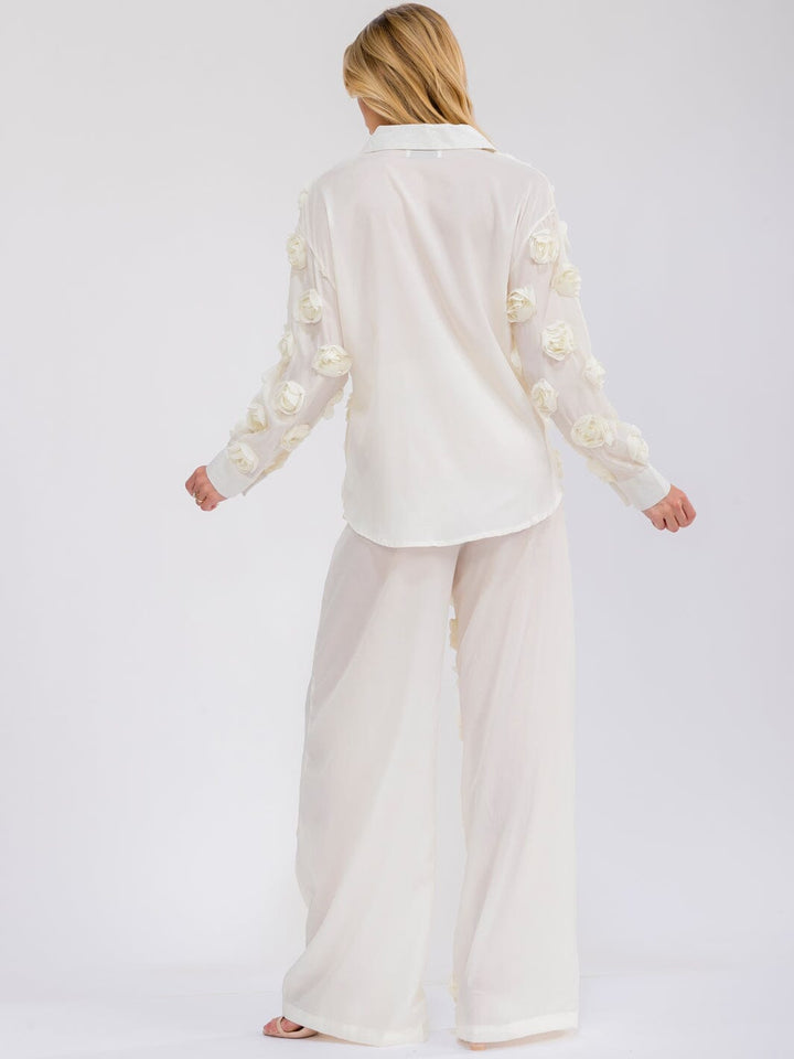 WOMEN'S LONG SLEEVE BUTTON UP TOP & ELASTIC WAIST WIDE LEG PANTS FLOWERS 2PC. SET