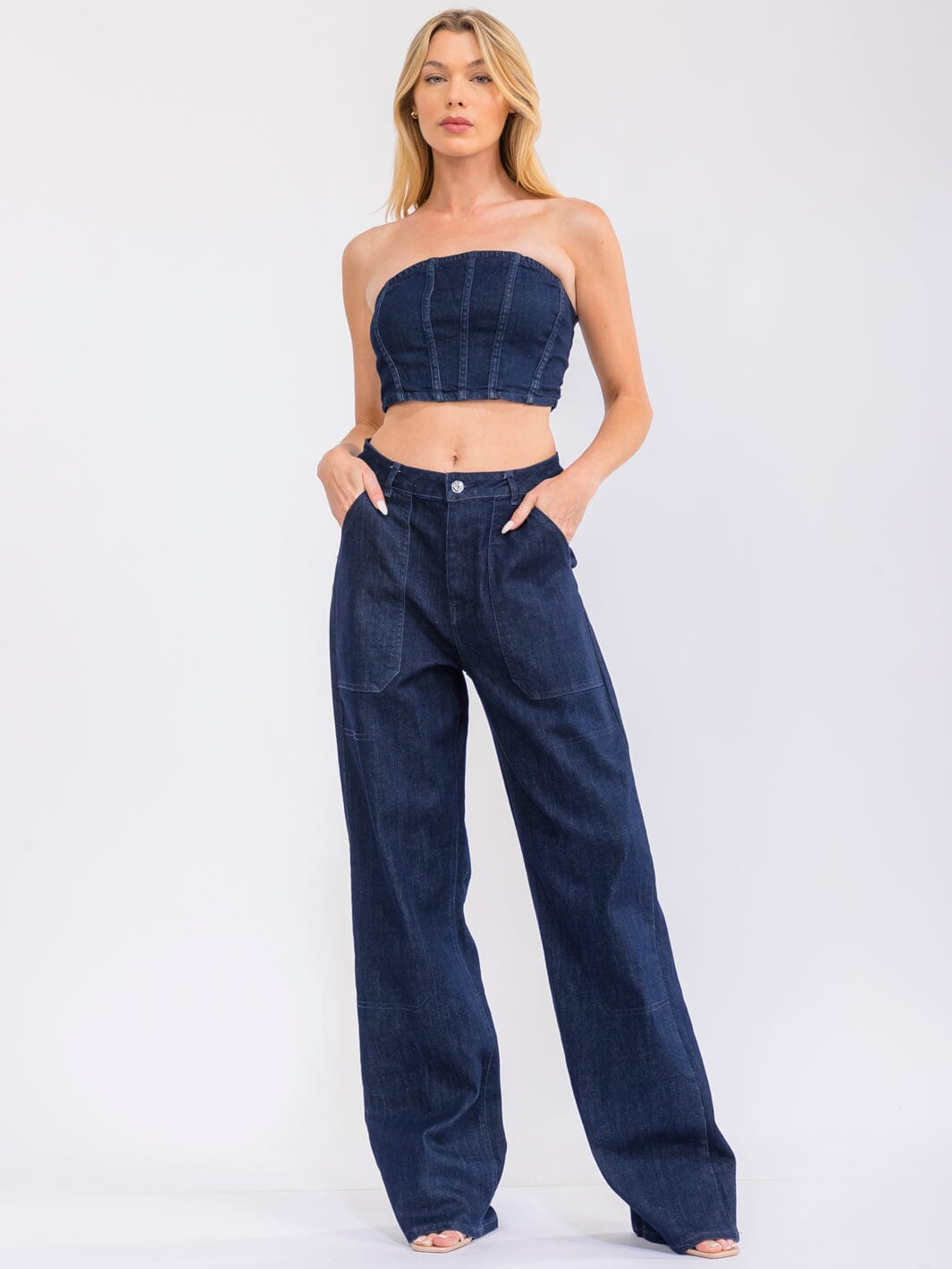 WOMEN'S BUTTON CLOSURE POCKETS WIDE LEG STRETCH DENIM PANTS