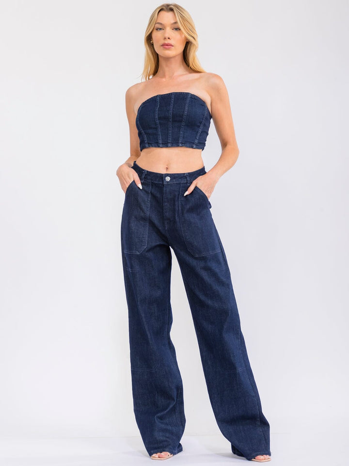WOMEN'S BUTTON CLOSURE POCKETS WIDE LEG STRETCH DENIM PANTS