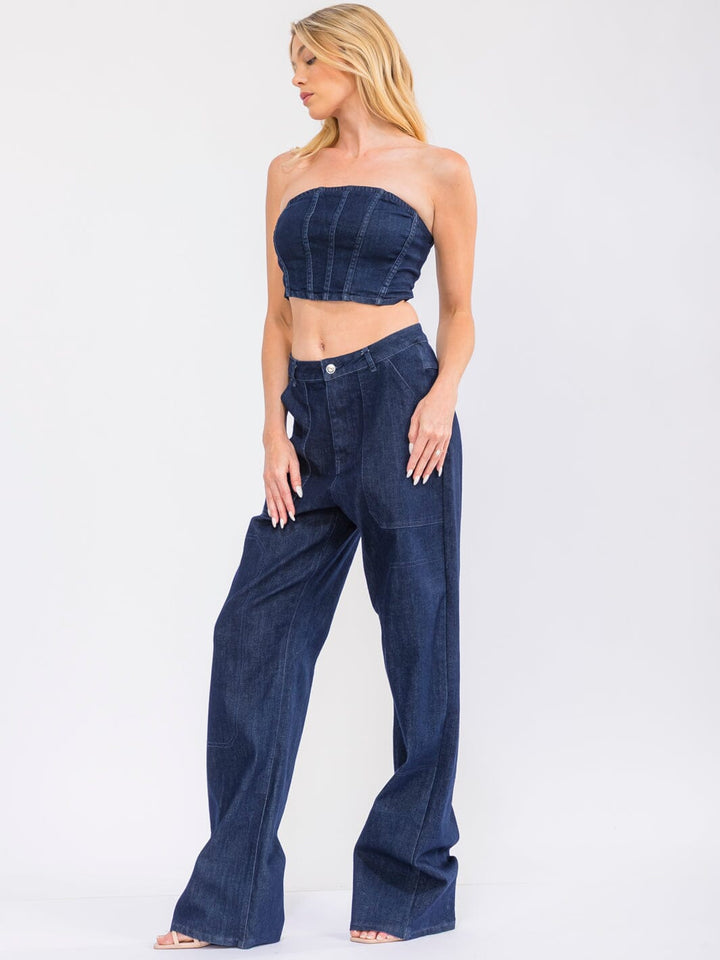 WOMEN'S SLEEVELESS STRETCH DENIM CROP TOP
