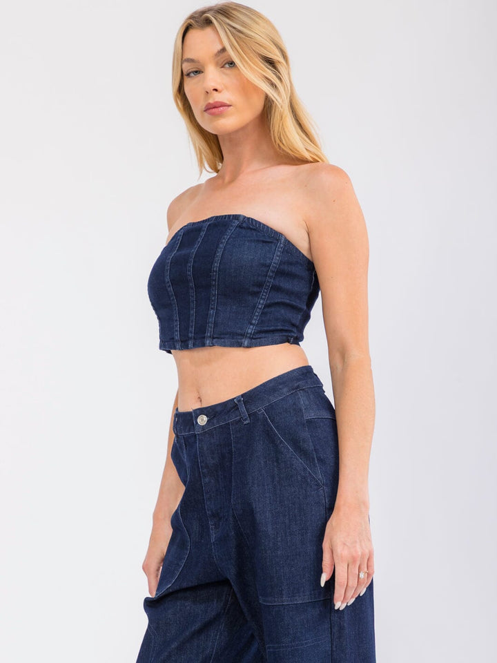 WOMEN'S SLEEVELESS STRETCH DENIM CROP TOP